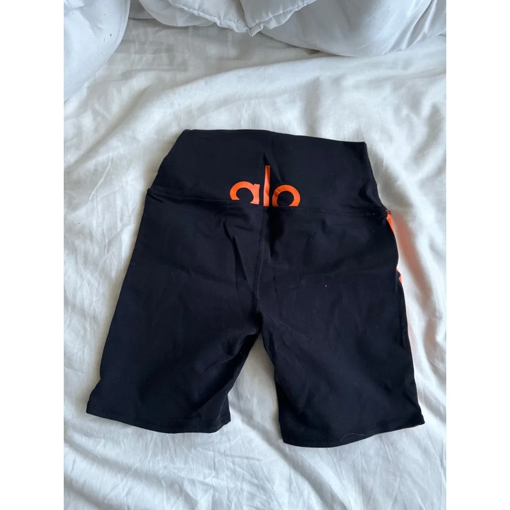 Alo Yoga Women's Black Orange Tangerine High Waist Biker Shorts Size